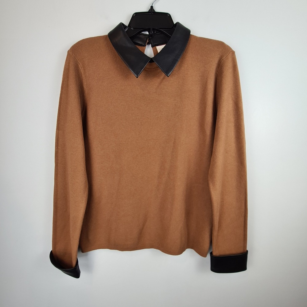 La‎ Vila Milano Camel Brown Knit Sweater Faux Leather Collar Cuffs Womens Medium
